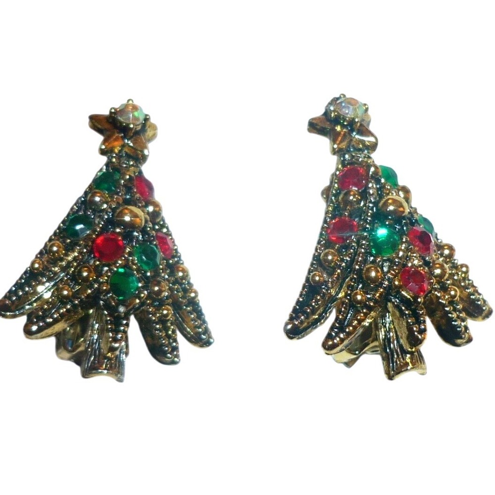 Vintage Signed Hollycraft Rhinestone Christmas Tree Clip On Earrings Gold Tone